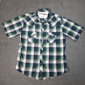 Wrangler Shirt Mens Large Green 20X Ombre Plaid Shadow Pearl Snap Western Ranch